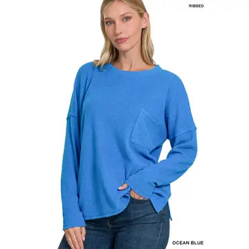 SC- Ribbed Brushed Melange Hacci Sweater with A Pocket OCEANBLUE