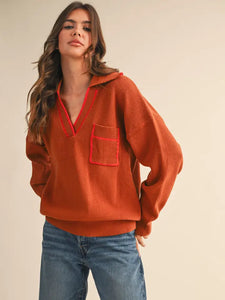 &MERCI Ribbed Collared Pullover Sweater