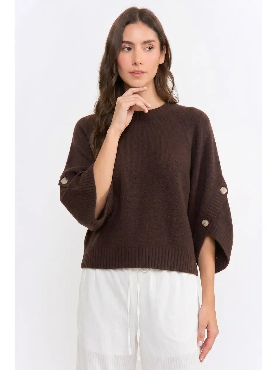 Camellia Dark Brown Button Sleeve Knit Pullover