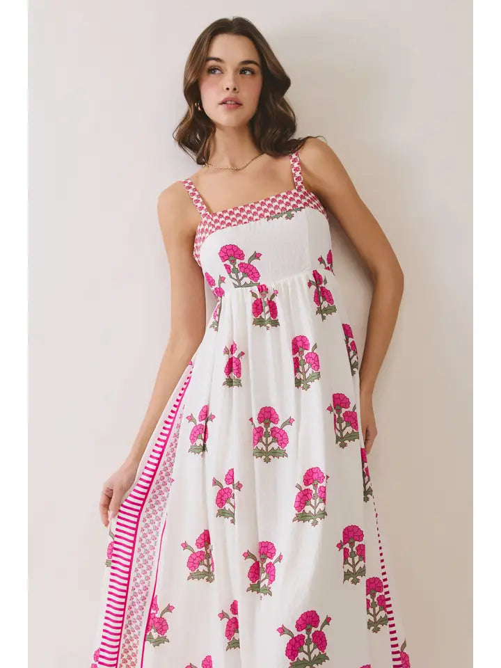 TCEC- Floral Print Contrast Detail Square Neck Midi Dress FINAL SALE