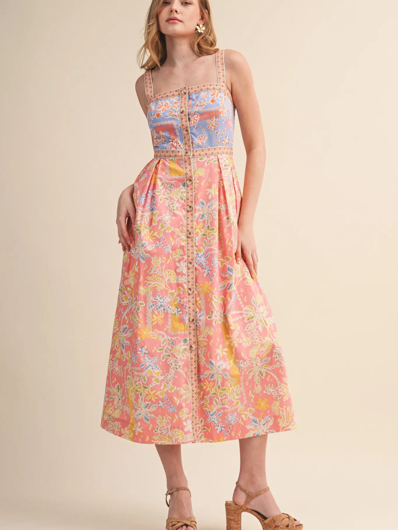 Exclusive Floral Button Down Tape Trim Midi Dress