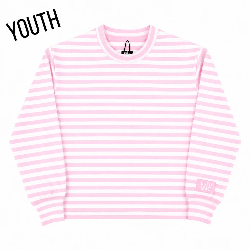 Stripe Mono Tag Patch Youth Long Sleeve Top Light Pink