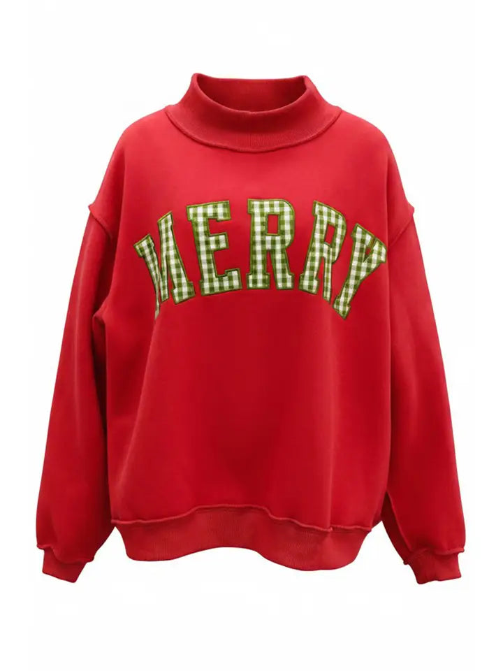 'merry' Embroidered Green Gingham Mock Neck Sweatshirt