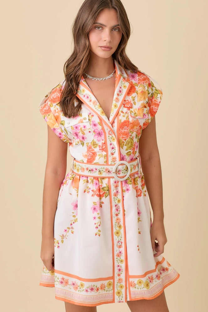 Main Strip Floral Lapel Button Down Collar Mini Dress