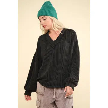 Two Tone Otto Ribbed V-Neck Oversized Knit Top