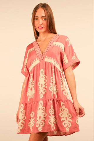 Printed V Neck Woven Mini Dress in Blush *COMING SOON*