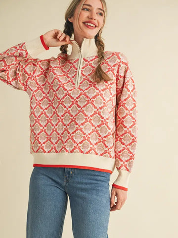 &MERCI Floral Mock Neck Half Zip Pullover