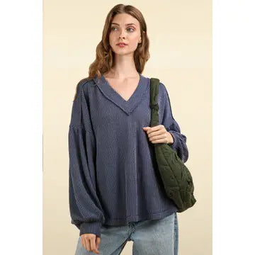 Two Tone Otto Ribbed V-Neck Oversized Knit Top