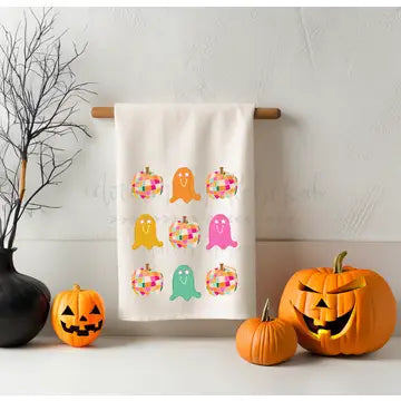 Doodles By Rebekah- Disco Ghost and Pumpkin Tea Towel