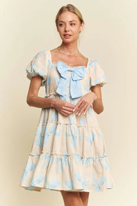 Bow Printed Puff Smocked Back Tiered Dress In Blue *COMING SOON*