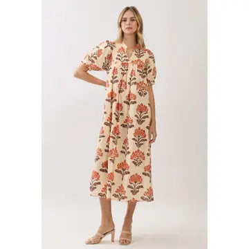 Botanical Print Babydoll Midi Dress