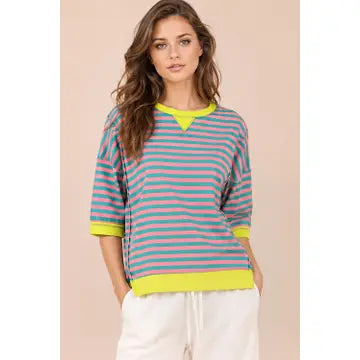 Very J- Oversized Stripe Casual Knit Top (Seafoam/Pink)