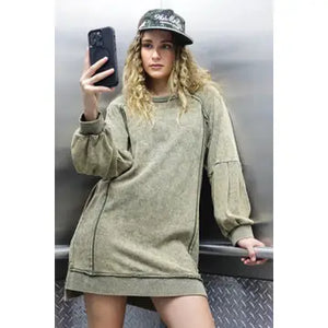 Mineral Washed Raglan Sleeve Casual Mini Dress OLIVE