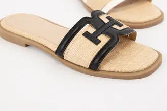 Black Leather Line Design Raffia Slip-On Sandals