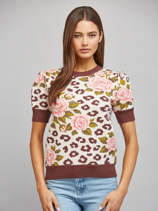 Blending Pattern Jacquard Knit Short Puff Sleeve Sweater
