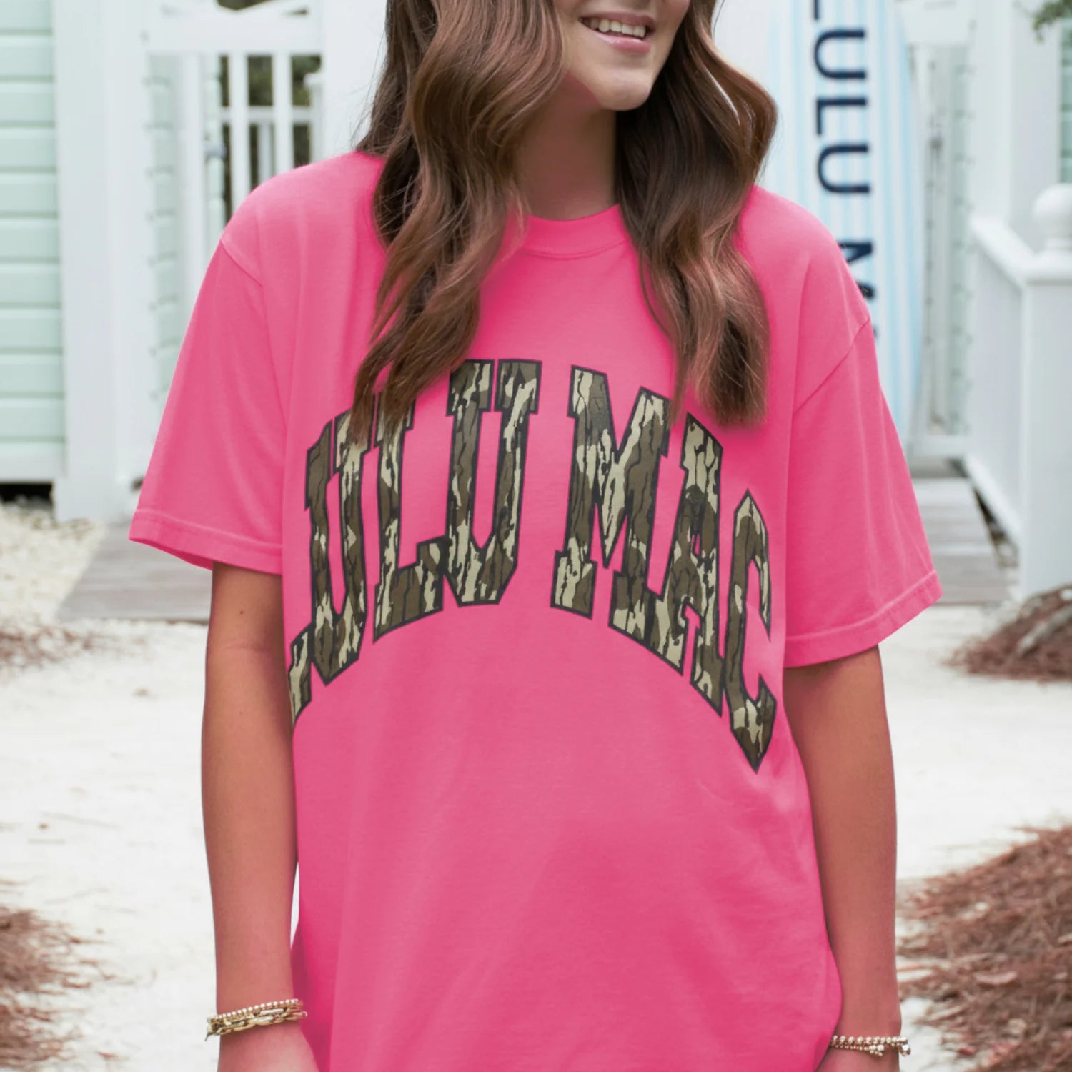 Lulu Mac Mossy Oak Bottomland Adult Neon Pink Comfort Color Short Sleeve T-Shirt