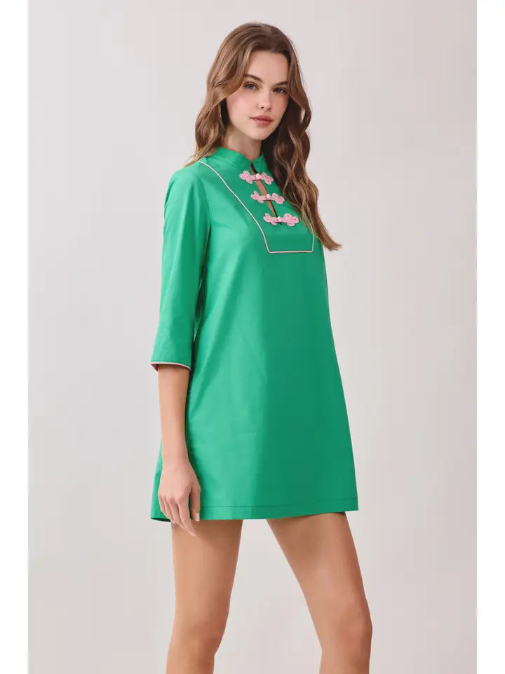TCEC- Mandarin Collar Contrast Frog Button Detail Dress