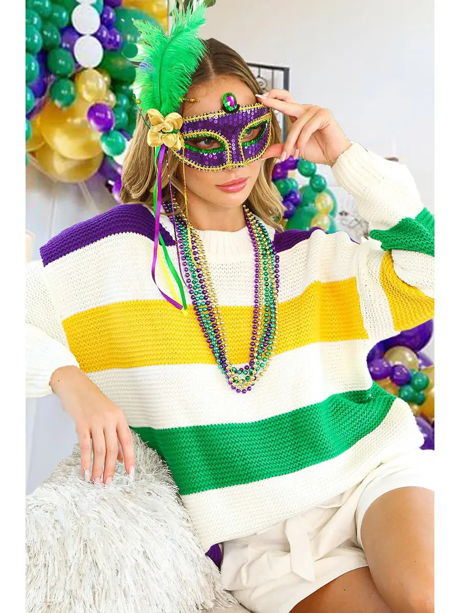 Color Block Mardi Gras Pullover Knitted Sweater