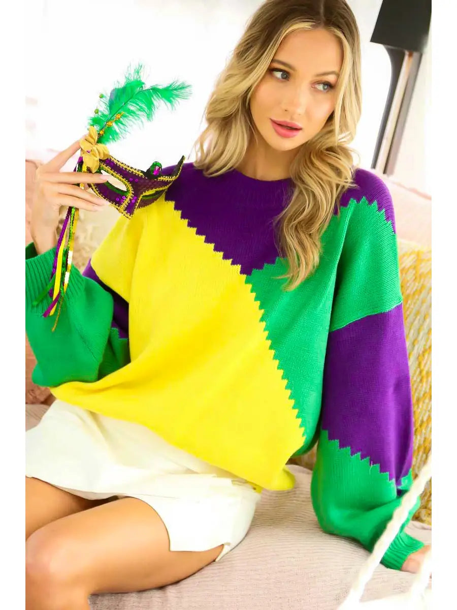 Mardi Gras Color Block Knitted Sweater Top