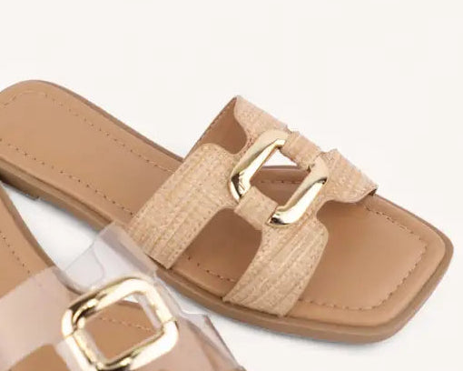 Natural Faux Leather Chic Buckle Slip On Flat Slide Sandals
