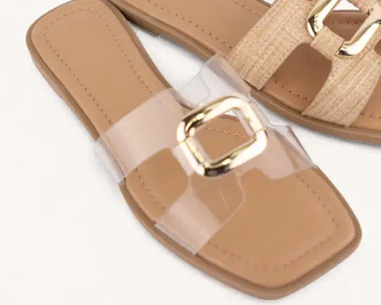 Clear Faux Leather Chic Buckle Slip on Flat Slide Sandals