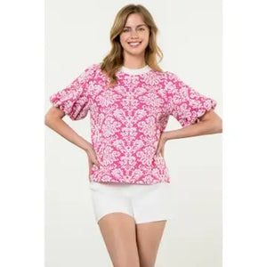 THML Damask Puff Sleeve Knit Top In Pink