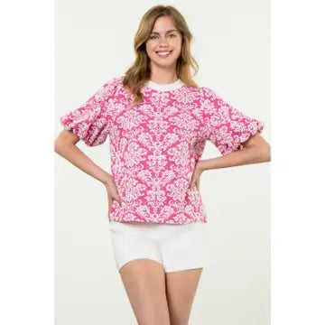 THML Damask Puff Sleeve Knit Top In Pink