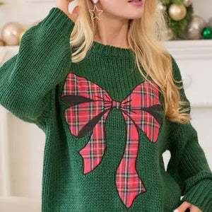 Main Strip Christmas Sweater with Plaid Ribbon Bow Patch Craft Closet