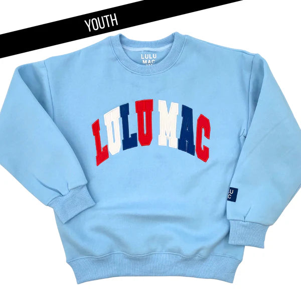 Lulu Mac Youth Sweatshirt Light Blue with Red, White & Blue Lettering