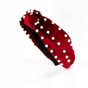 The Royal Standard-Pearl Knotted Velvet Headband Red/White