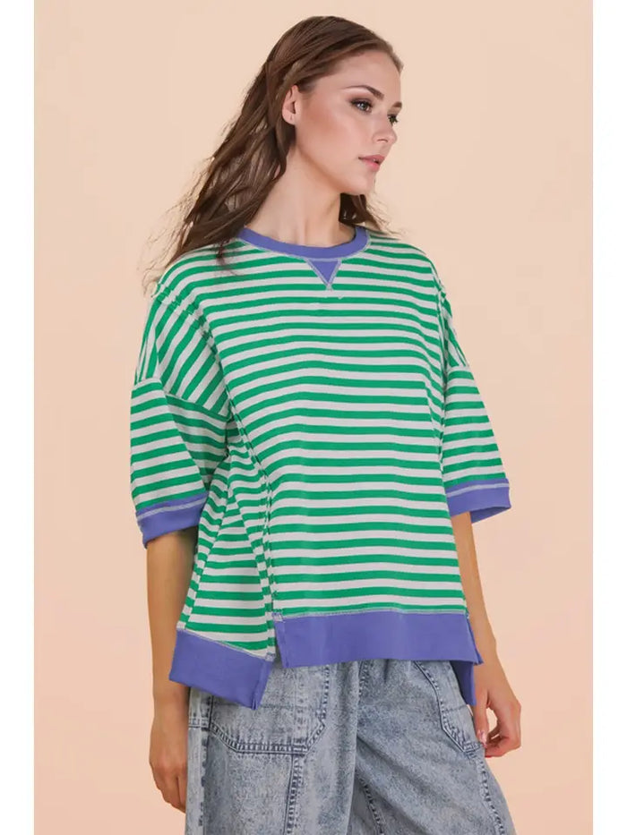 Oversized Stripe Casual Knit Top (Kelly Green/Cream)