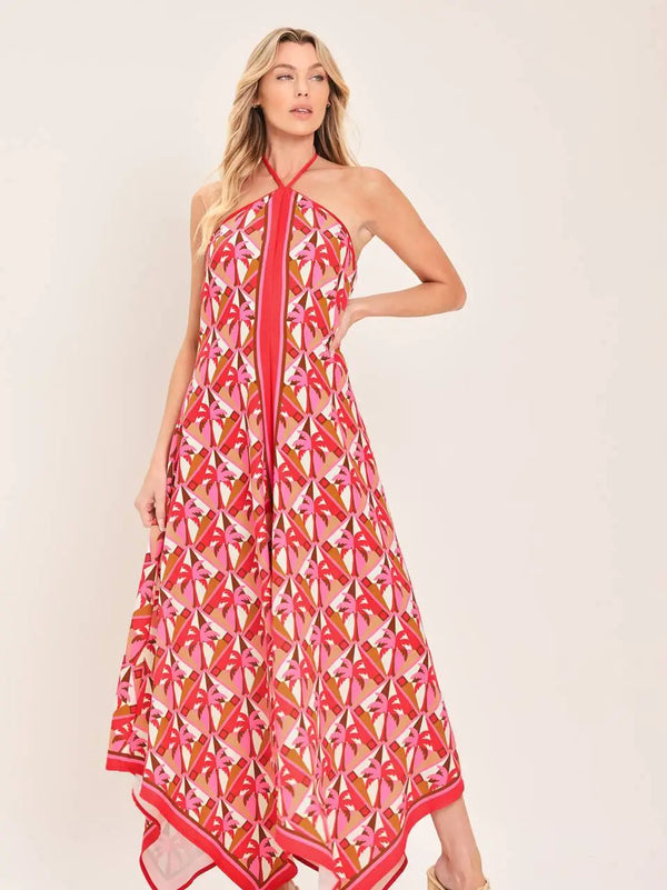 Red Palm Print Midi Dress