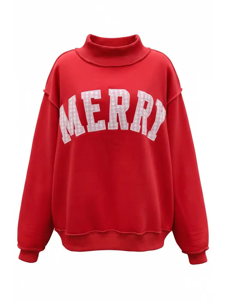 'merry' Embroidered Pink Gingham Mock Neck Sweatshirt