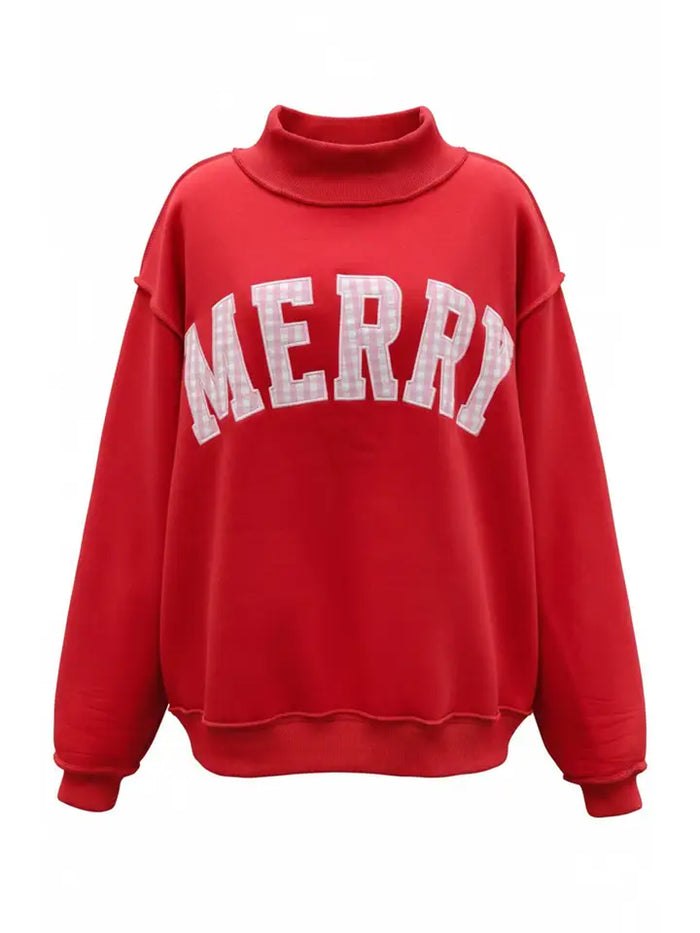 'merry' Embroidered Pink Gingham Mock Neck Sweatshirt