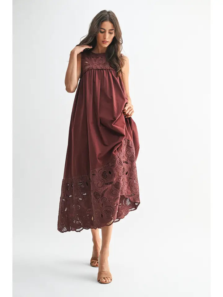 Boho Maxi Dress with Lace Details - Brown