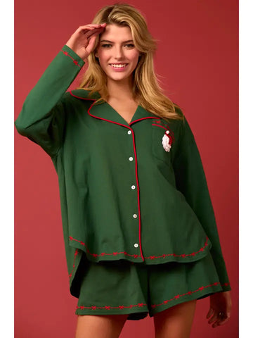 Peach Love California- Santa Trim & Bow Thread Embroidery Pajama Set