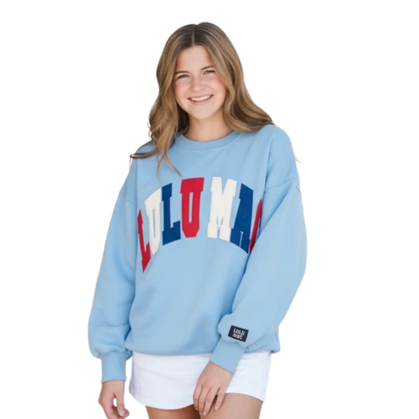 Lulu Mac Blue Sweatshirt with Red, White & Blue Lettering