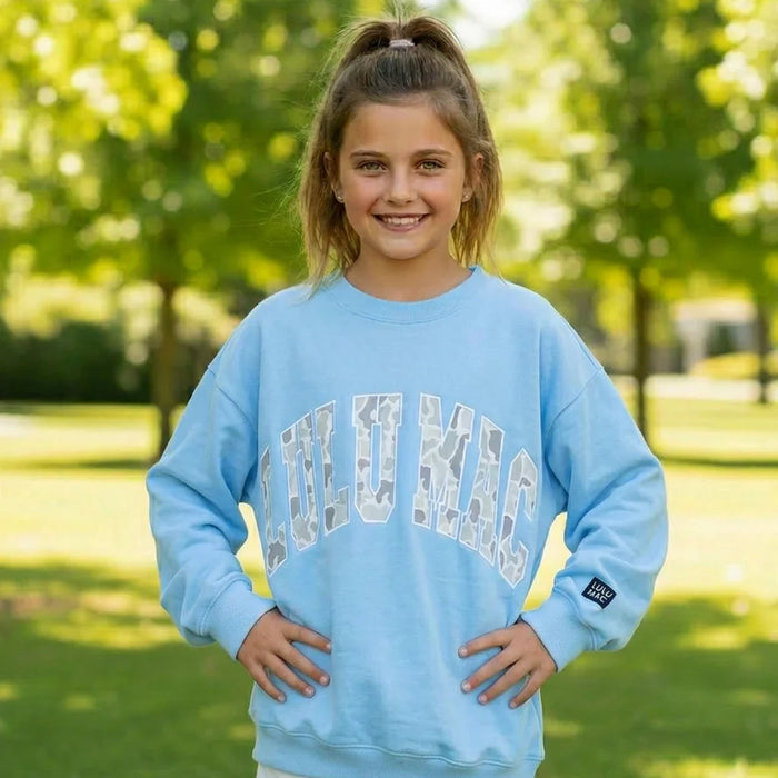 Youth Light Blue Camo Text Sweatshirt