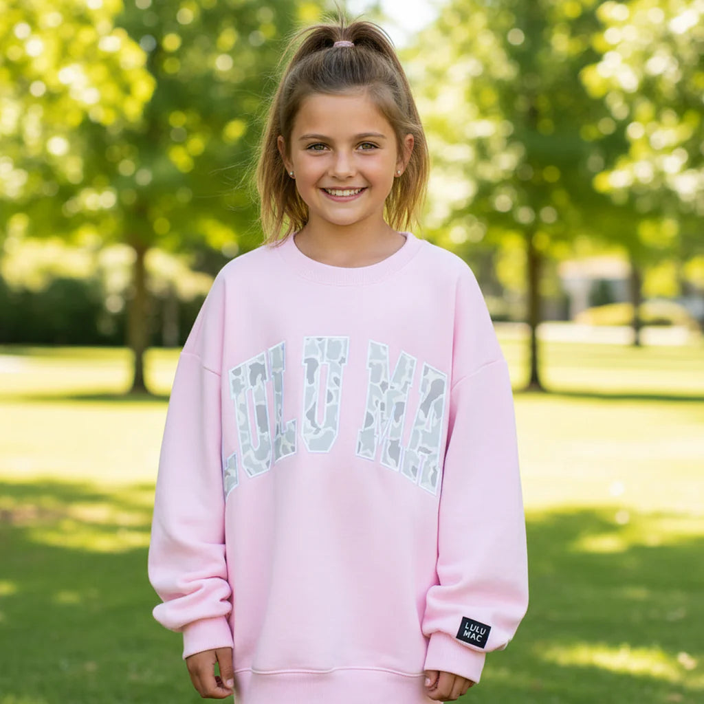 Youth Light Pink Camo Text Sweatshirt