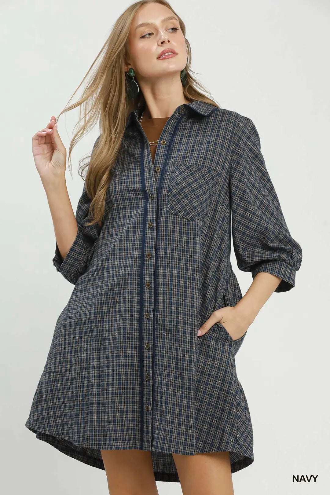 UMGEE Plaid Button Down Oversized Shirt Dress In Navy
