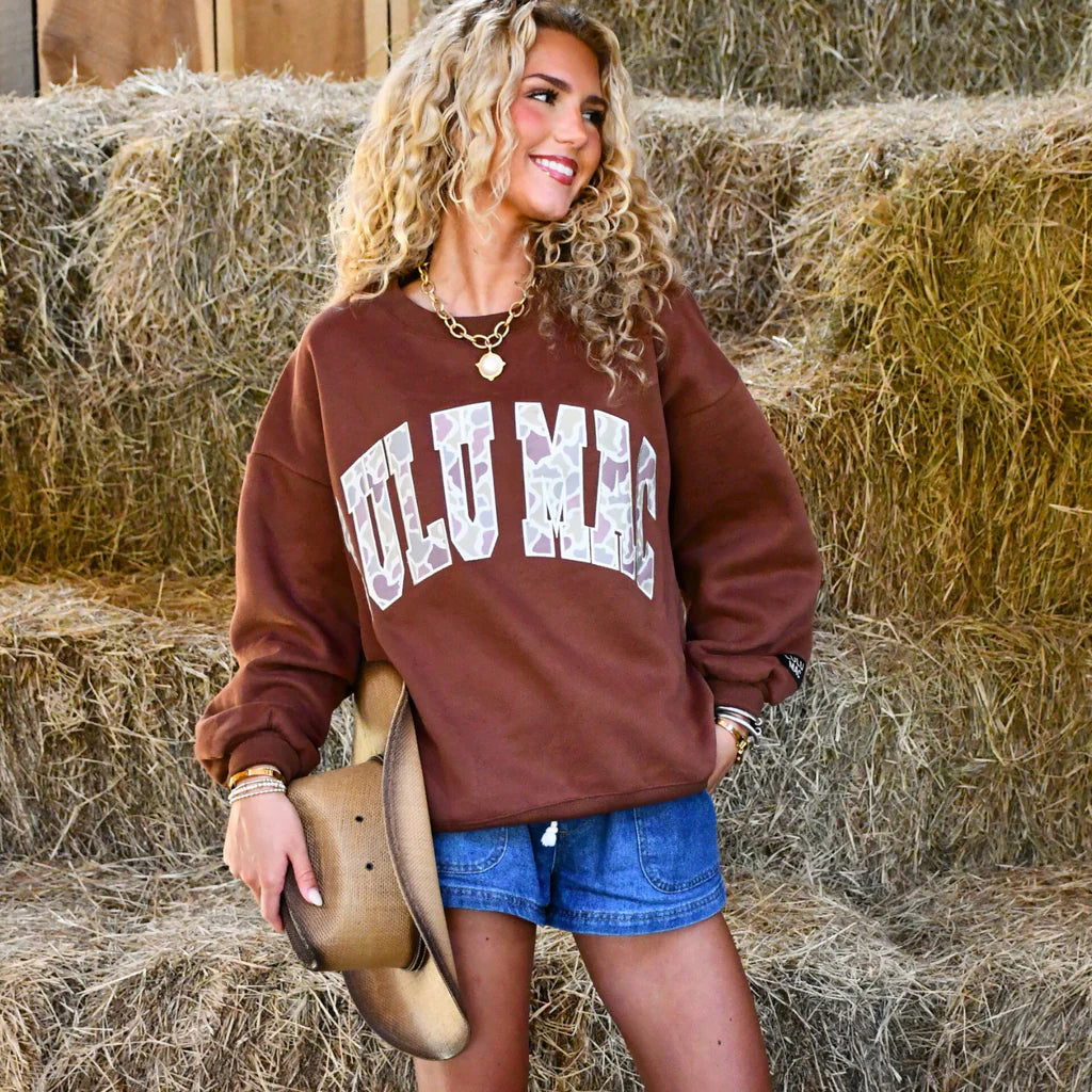 Lulu Mac Sweatshirt In Brown With Camo Text *COMING SOON*