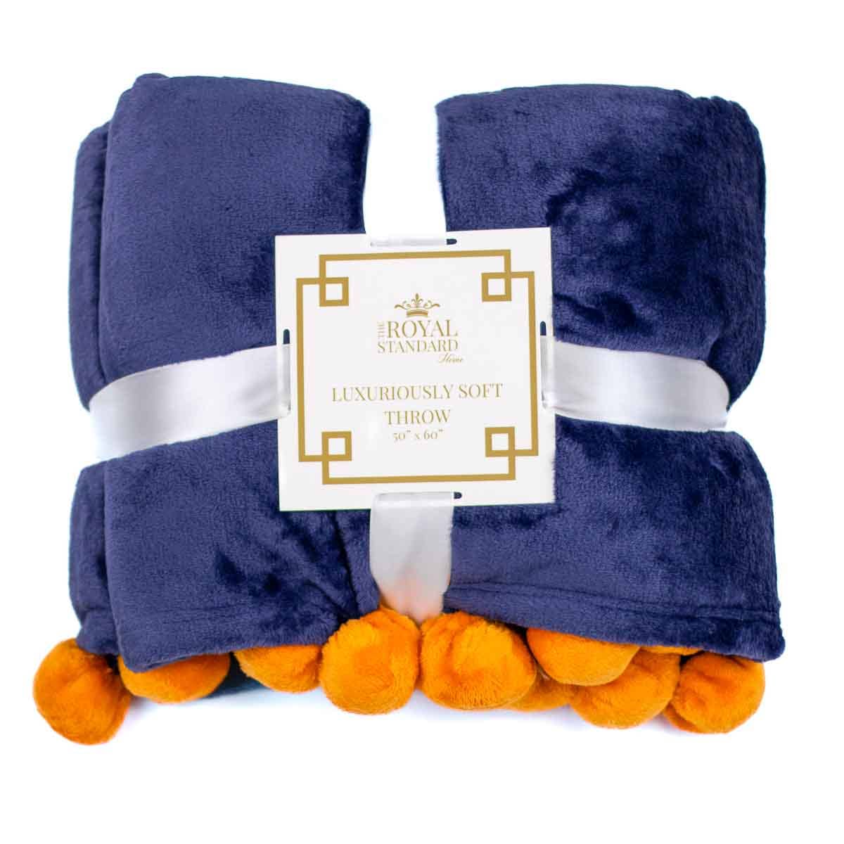 The Royal Standard- Cozy Pom Pom Throw   Blue/Orange   50x60